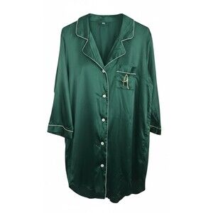 Luxe Emerald Green Satin Button-Down Nightshirt – Long Sleeve – Monogrammed "A"